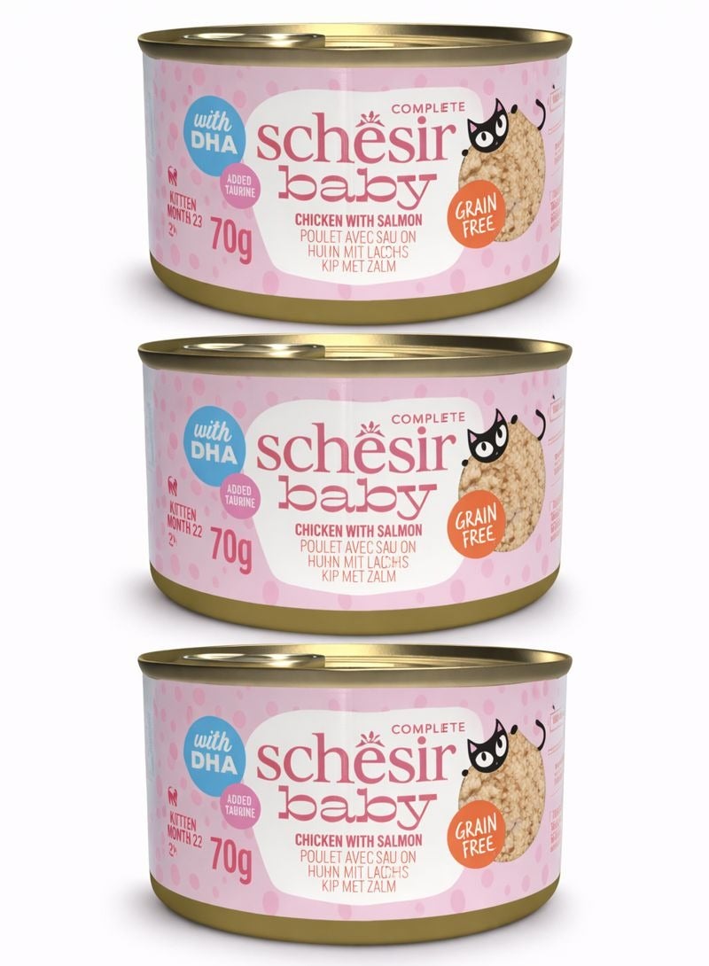 Schesir Baby Complete Kitten Food – Chicken with Salmon – Grain Free Wet Food – With DHA & Taurine – 3 × 70 g - Image 1
